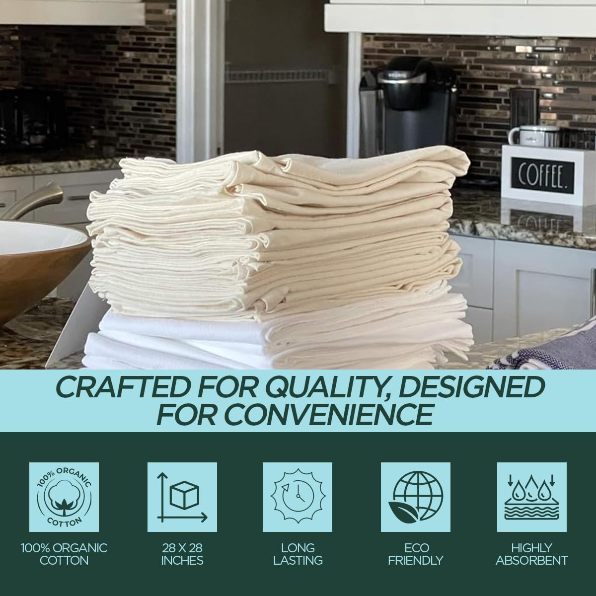 Madras Collections ivory flour sack towel for quick wipe-ups and spill cleanup.