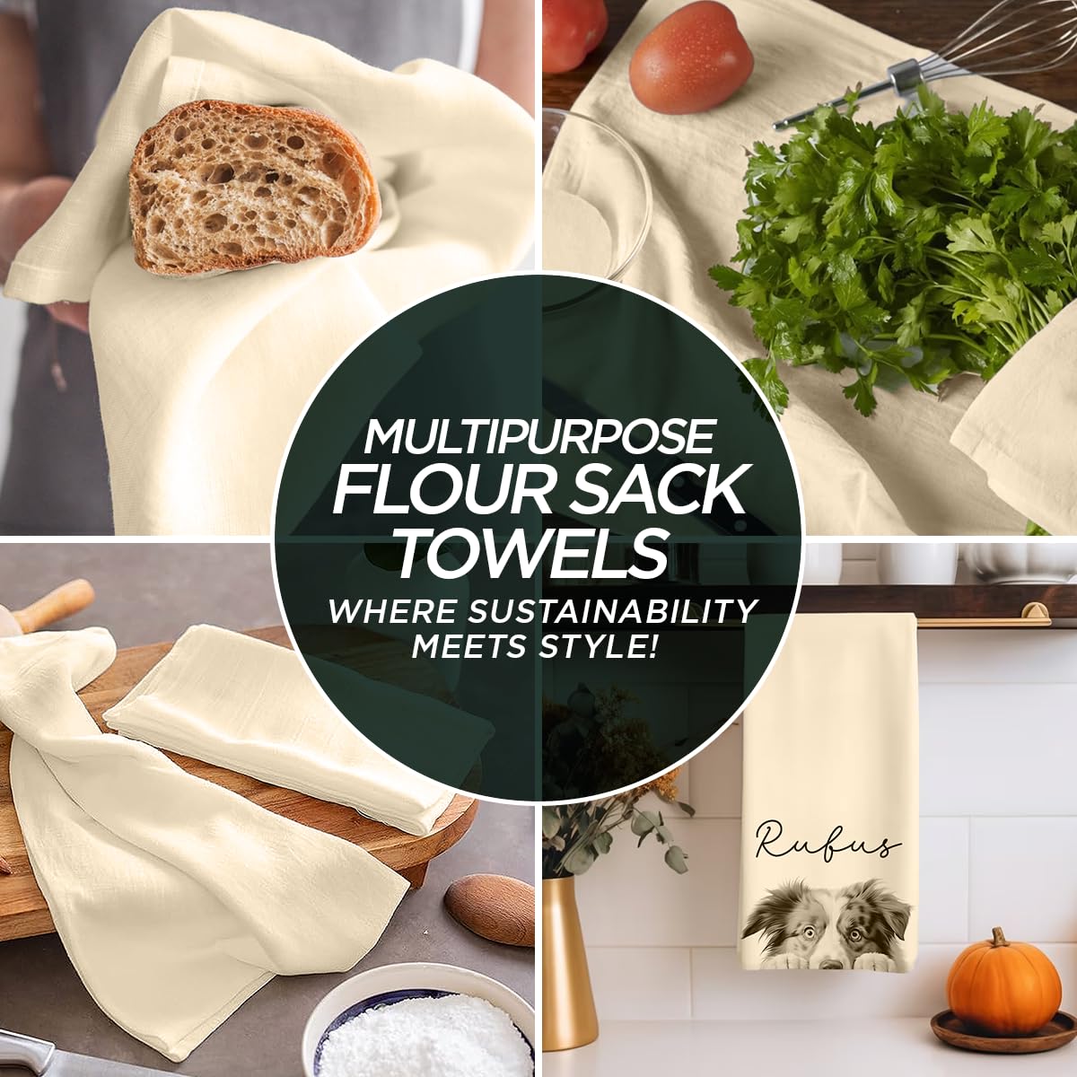 Madras Collections ivory flour sack towel set of 10 ready for kitchen tasks.