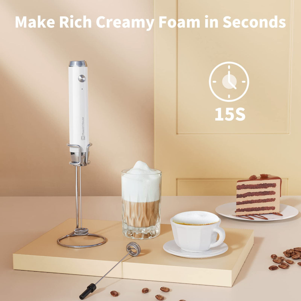 Mesh whisk ideal for cappuccinos and smooth coffee foam.