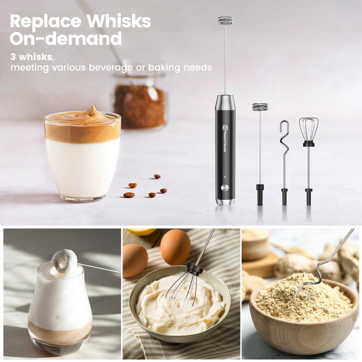 Maestri House LunaFro AS three detachable whisk heads enable versatile blending tasks.