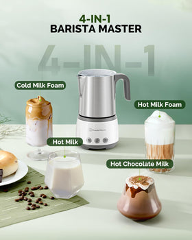 Maestri House Milk Frother 4-in-1 modes for hot froth, cold froth, hot milk.
