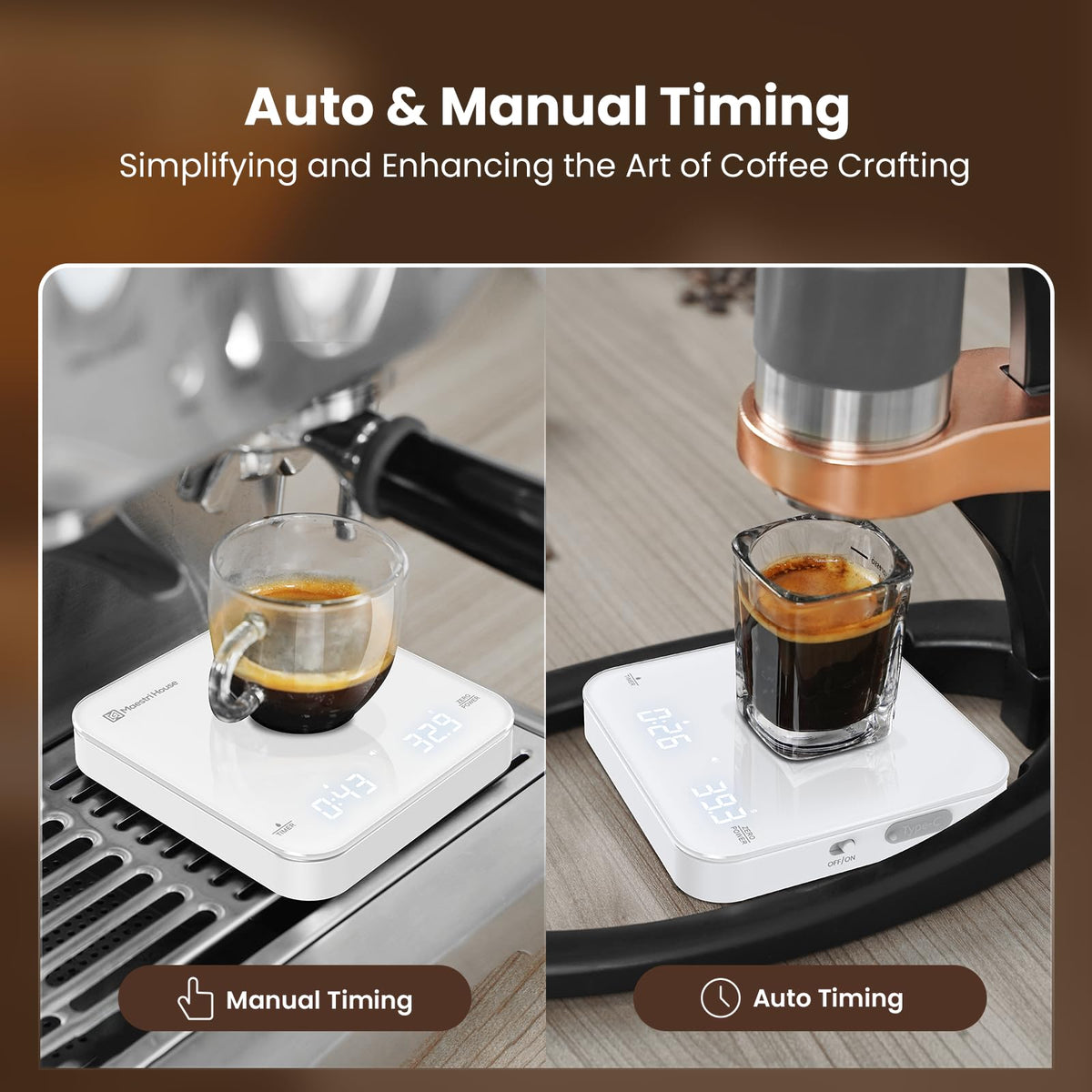 Maestri House Mini Coffee Scale 0.1 g precision supports accurate dosing for delicate brews.