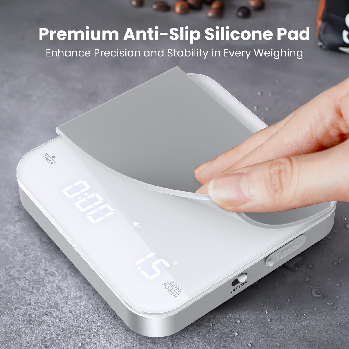 Maestri House Mini Coffee Scale borosilicate surface resists spills and cleans easily.