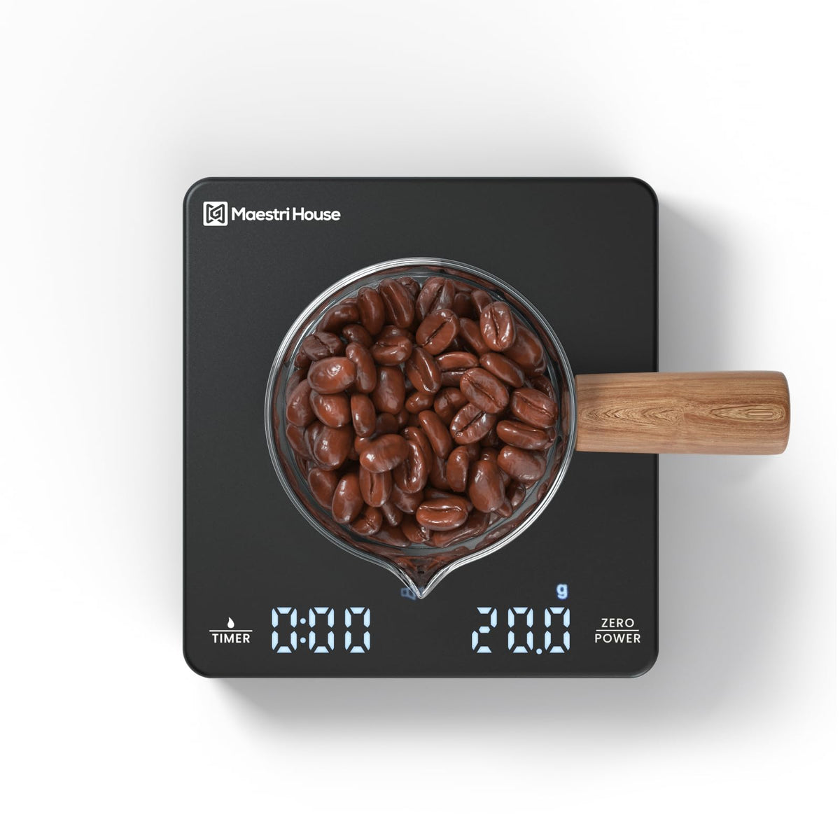 Maestri House mini coffee scale front view showing compact palm sized design for travel brewing