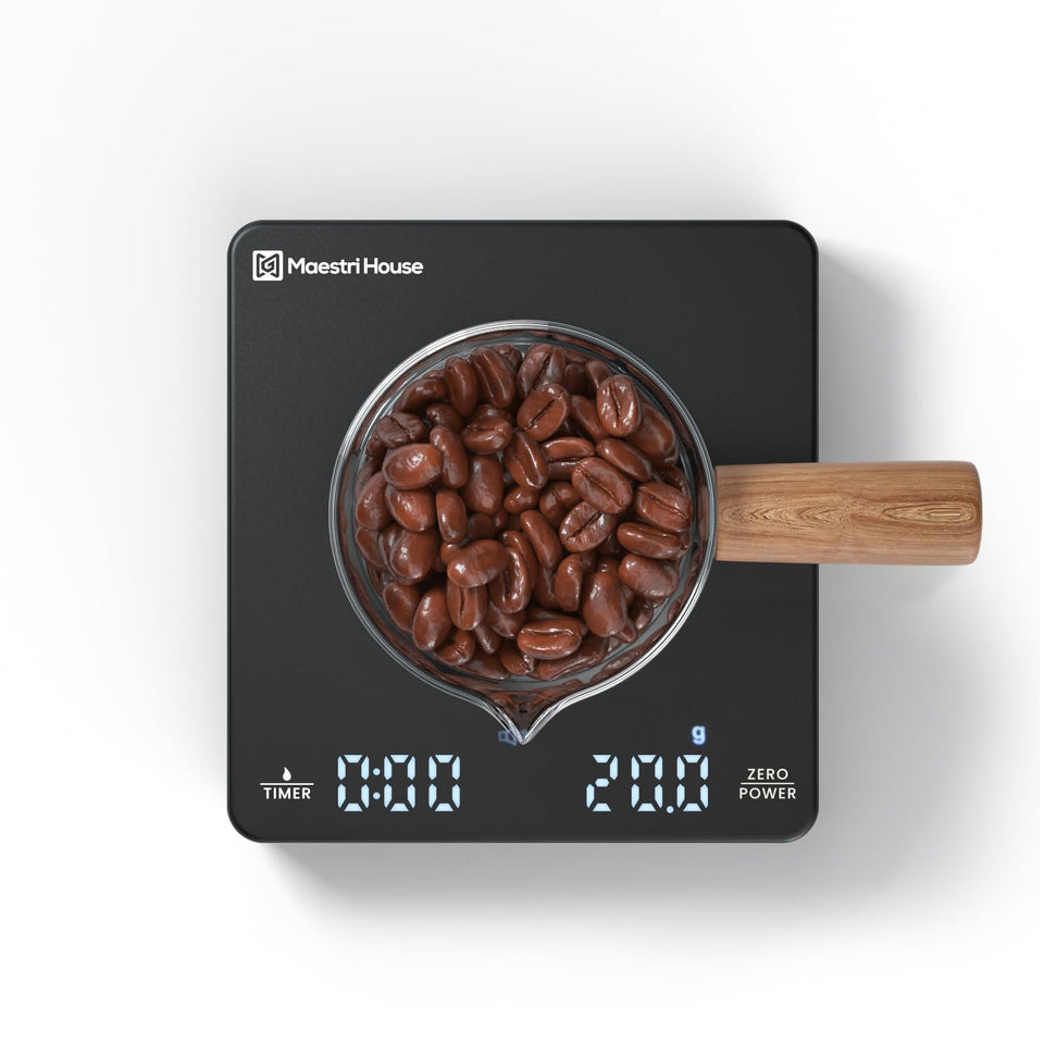 Maestri House mini coffee scale front view showing compact palm sized design for travel brewing