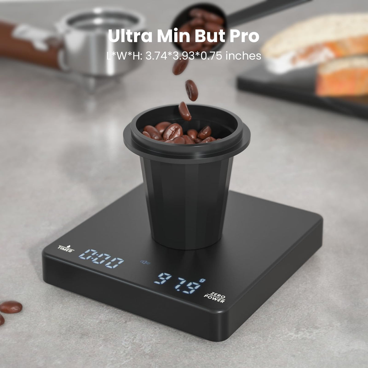 Maestri House mini coffee scale precision sensor demonstrates 0.1 g accuracy for pour over