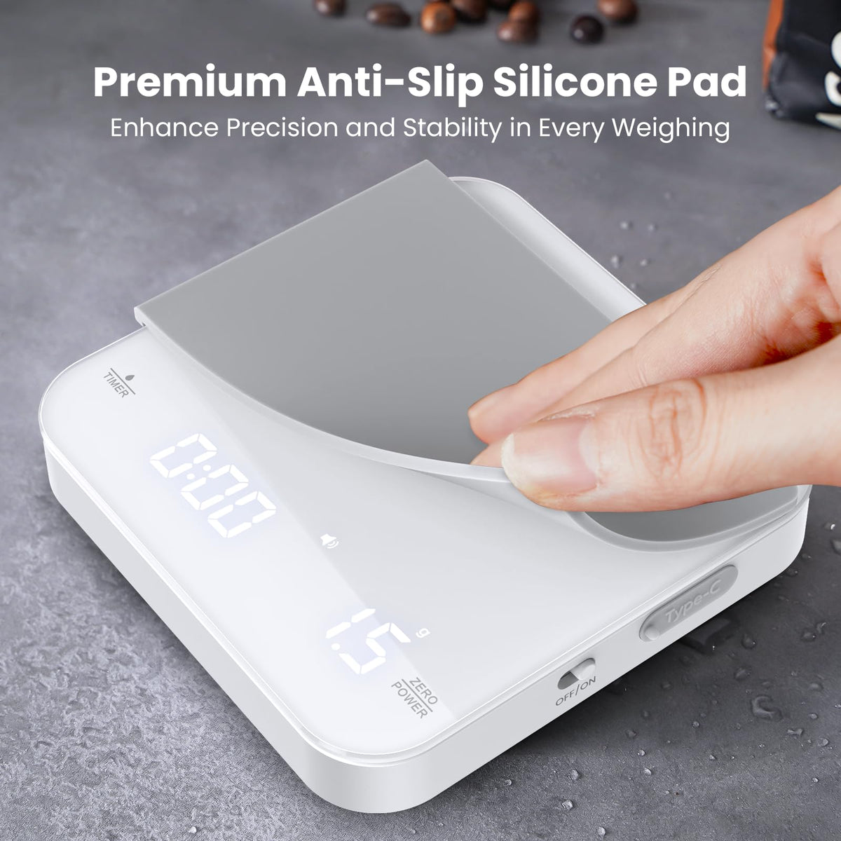 Maestri House Mini Coffee Scale silent mode for peaceful brewing mornings.