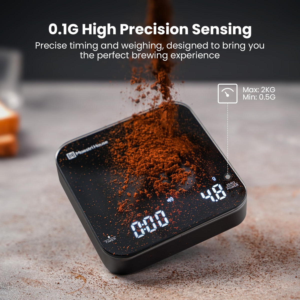 Maestri House Mini Coffee Scale supports g, oz, and ml units for versatile recipes