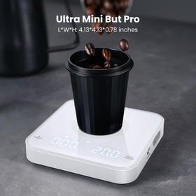 Maestri House Mini Coffee Scale USB-C recharge enables brewing anywhere without frequent battery changes.