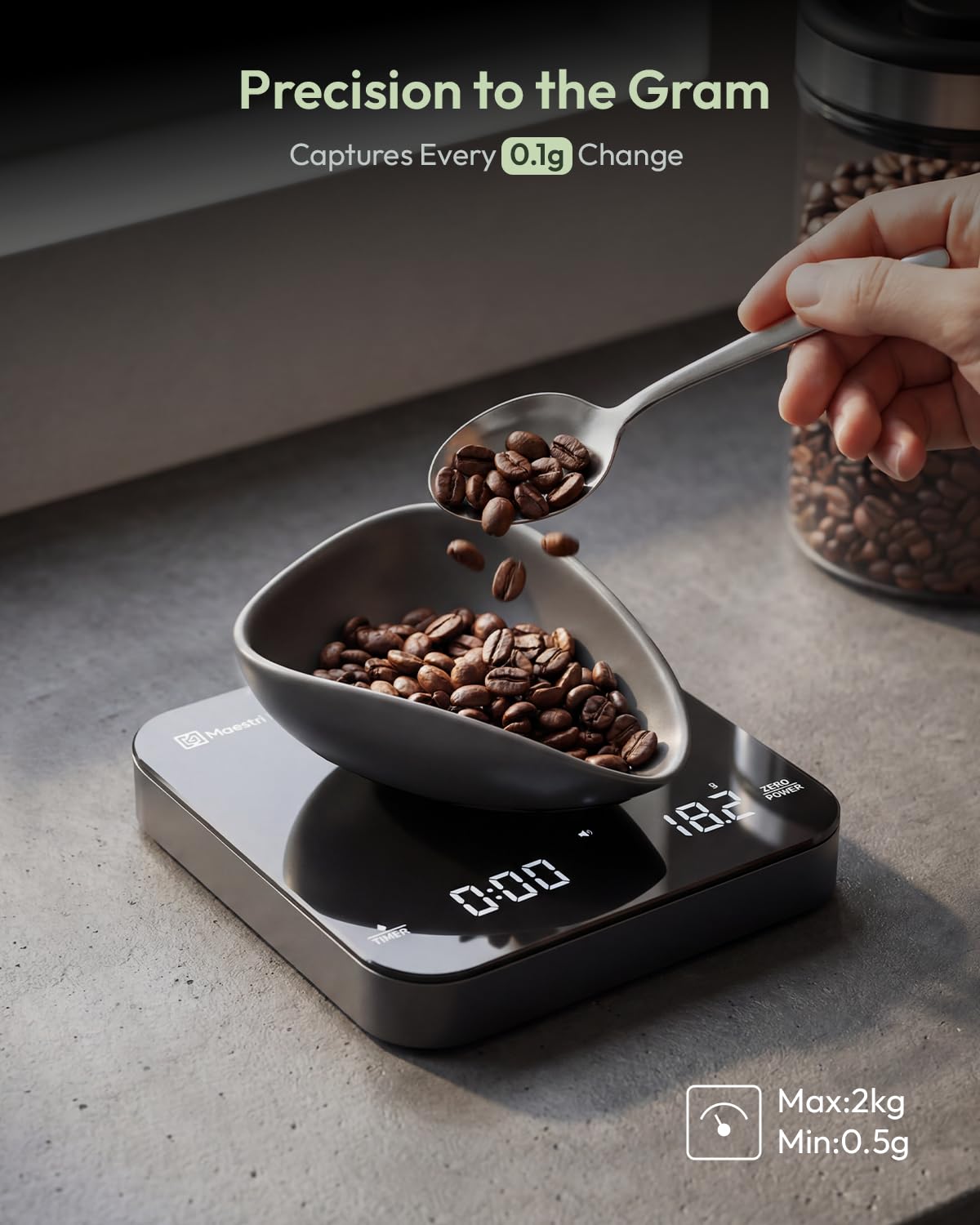 Maestri House mini coffee scale with timer, borosilicate glass surface for easy cleaning.
