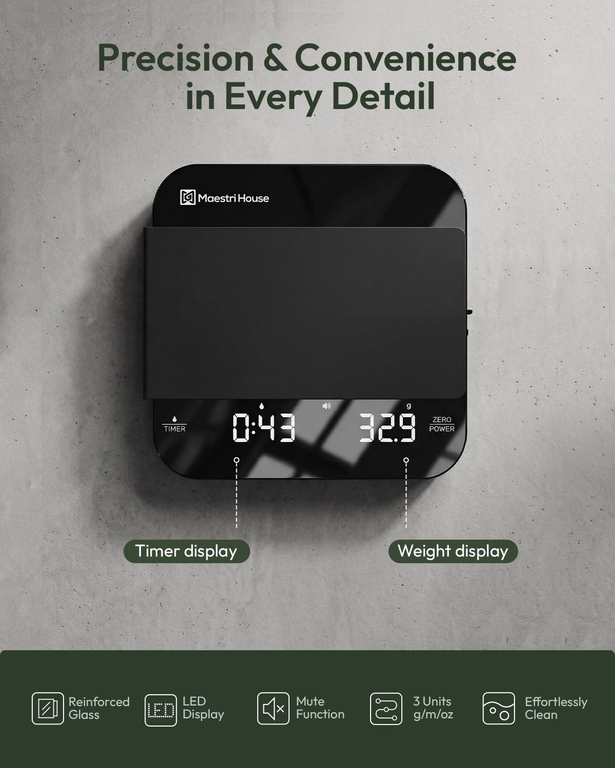Maestri House mini coffee scale with timer, mute function for quiet brewing mornings.