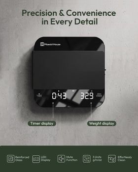 Maestri House mini coffee scale with timer, mute function for quiet brewing mornings.