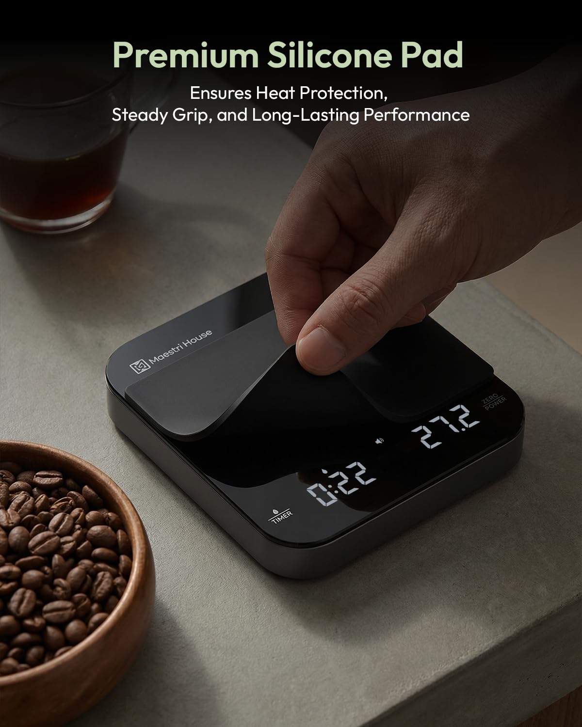 Maestri House mini coffee scale with timer, sleek black-silver finish for modern kitchens.