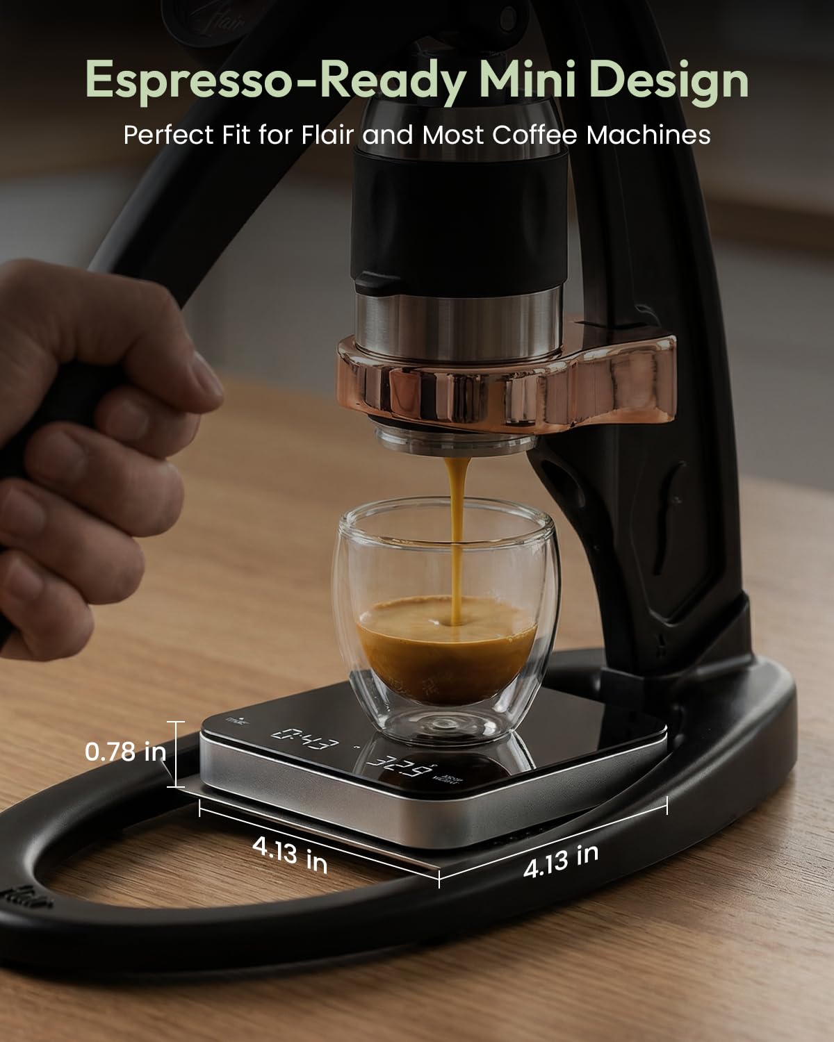Maestri House mini coffee scale with timer, USB-C charging for convenient power on the go.
