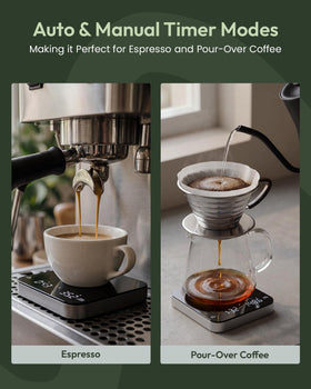 Maestri House mini coffee scale with timer, zero-point-one-gram precision for accurate dosing.