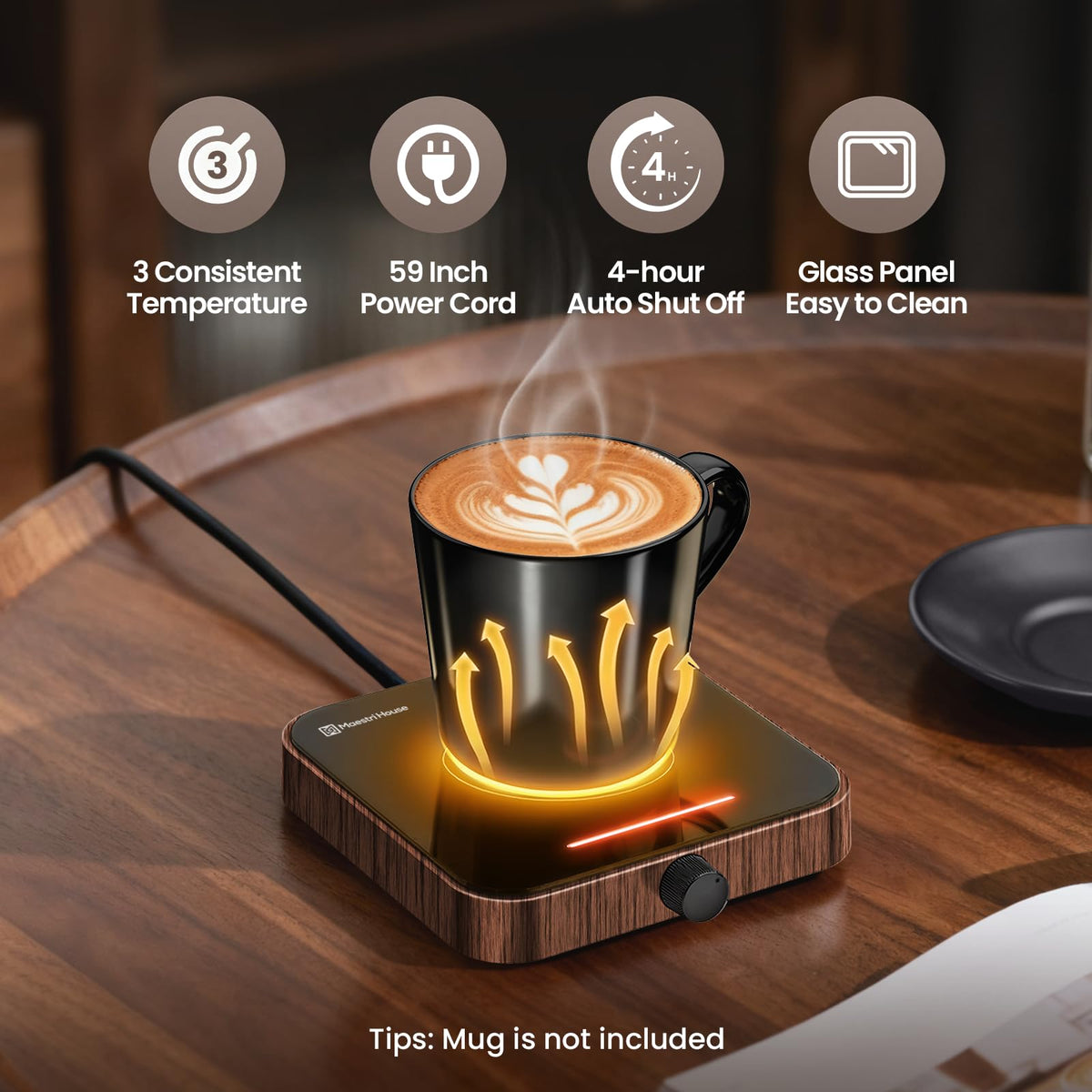 Maestri House mug warmer showing three temperature settings for beverages