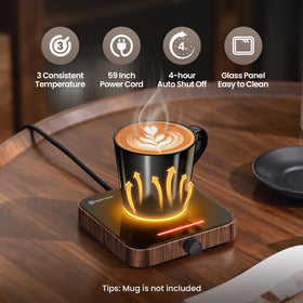 Maestri House mug warmer showing three temperature settings for beverages