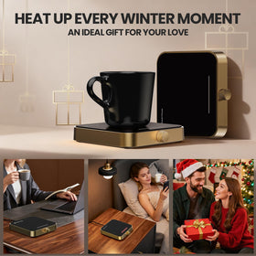 Maestri House mug warmer gold on desk setup with mug