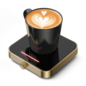 Maestri House mug warmer in gold, top view on desk keeps beverages warm