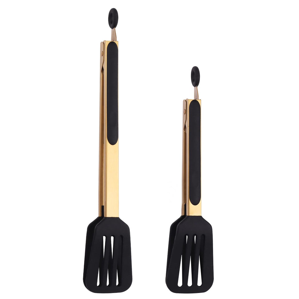 Mafier 9-inch spatula tong with gold handle and silicone tip for nonstick pans.