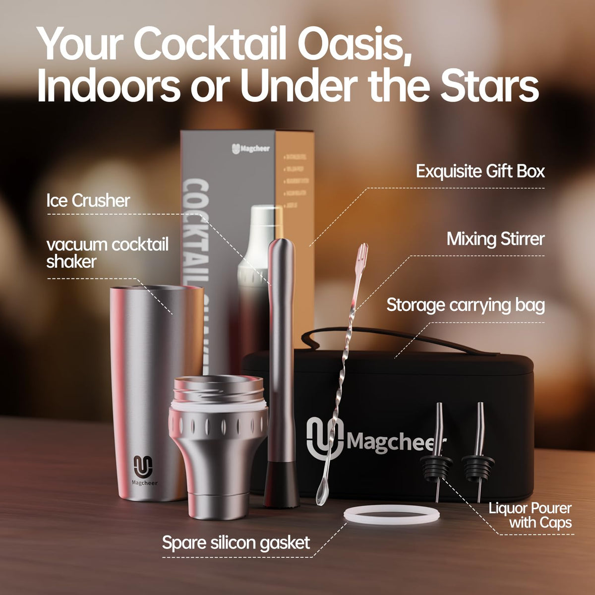Magcheer all-in-one bar kit with built-in strainer and muddler.
