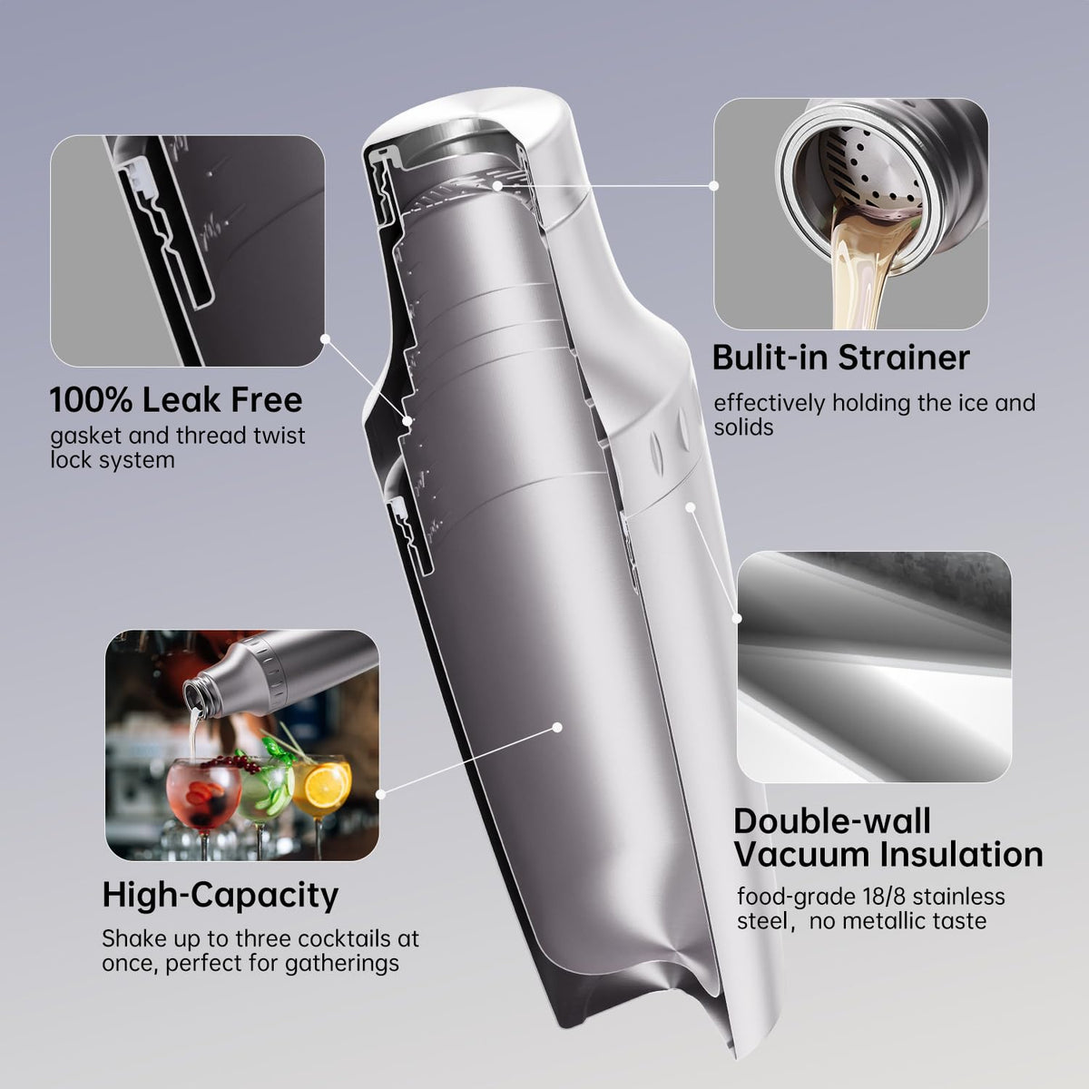 Magcheer hybrid shaker in 18-8 stainless steel for durable mixing.