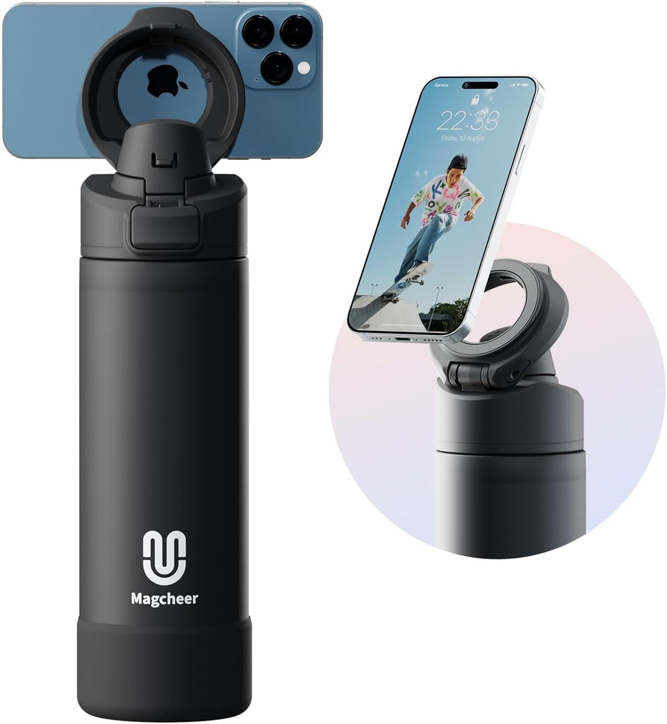 Magcheer insulated water bottle with magnetic phone holder for hands-free use during workouts.