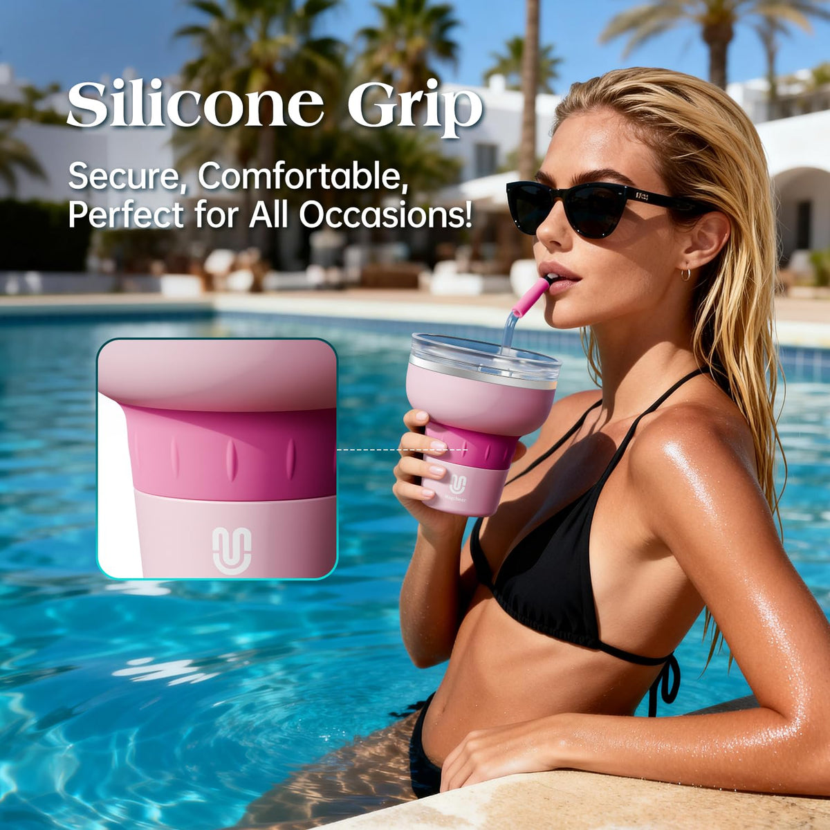 MagCheer pink tumbler shows 320 degree lid for flexible sipping.