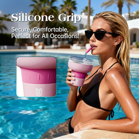 MagCheer pink tumbler shows 320 degree lid for flexible sipping.