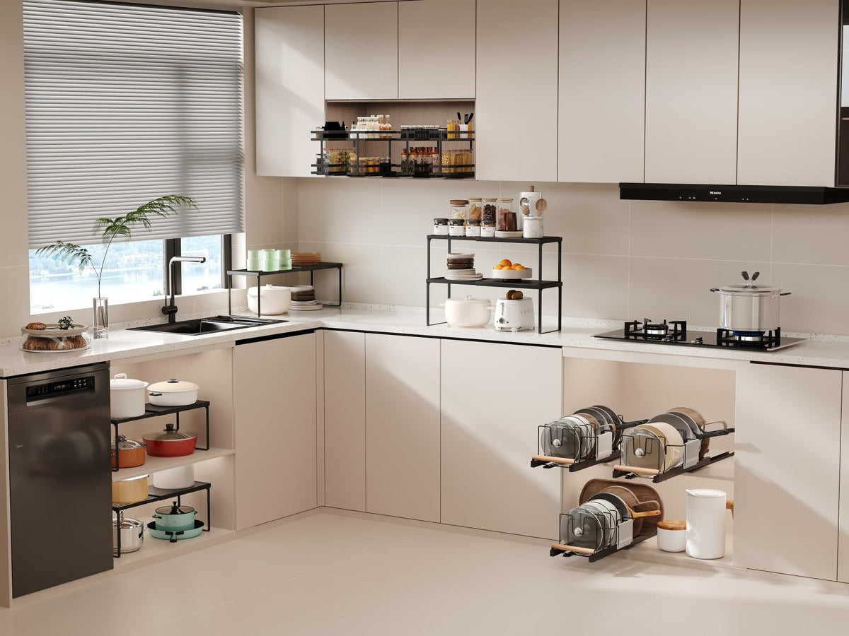 Magheo all-in-one organizer keeps spices, cups, and dishes accessible.