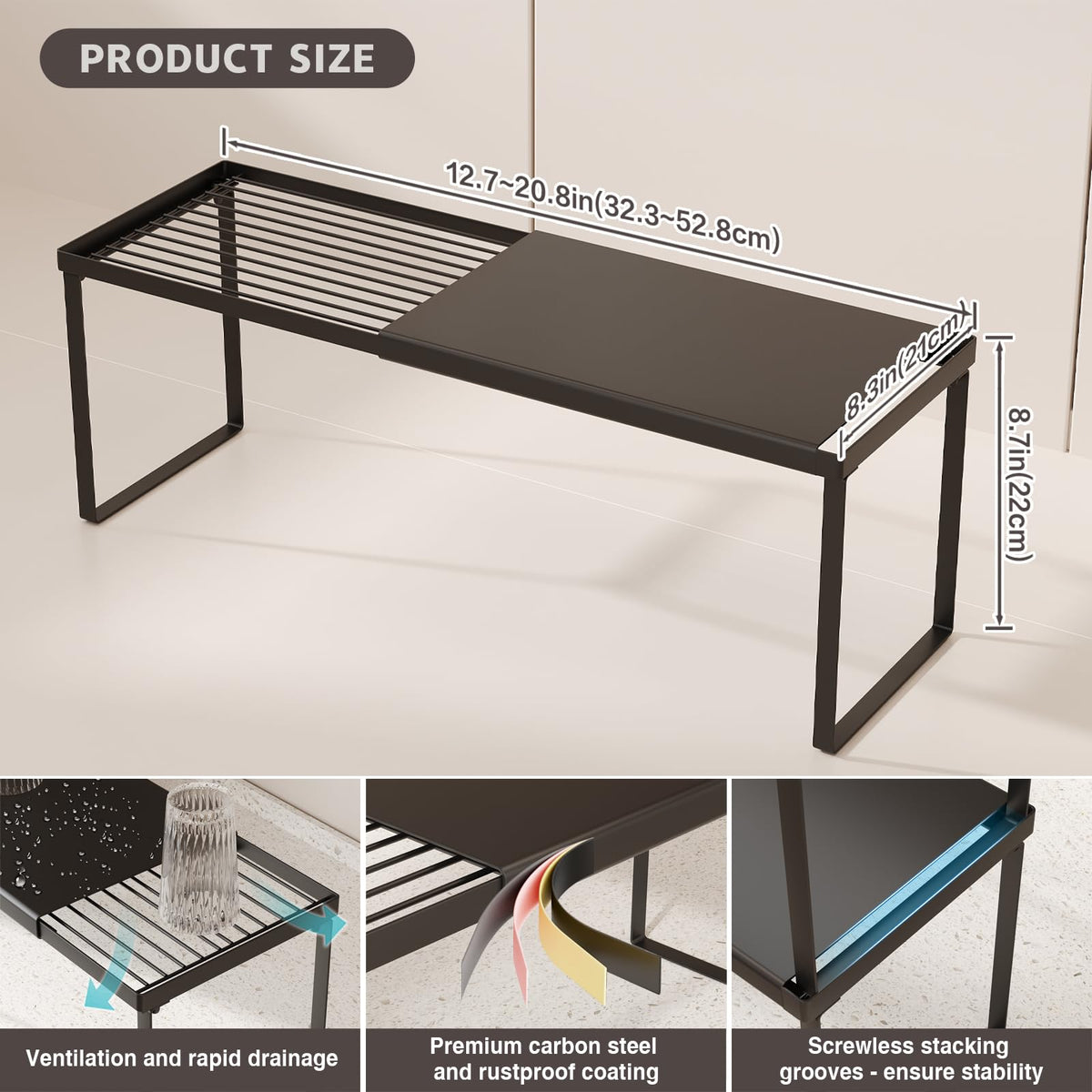 Magheo 8.7-inch single-tier height fits standard cabinets.