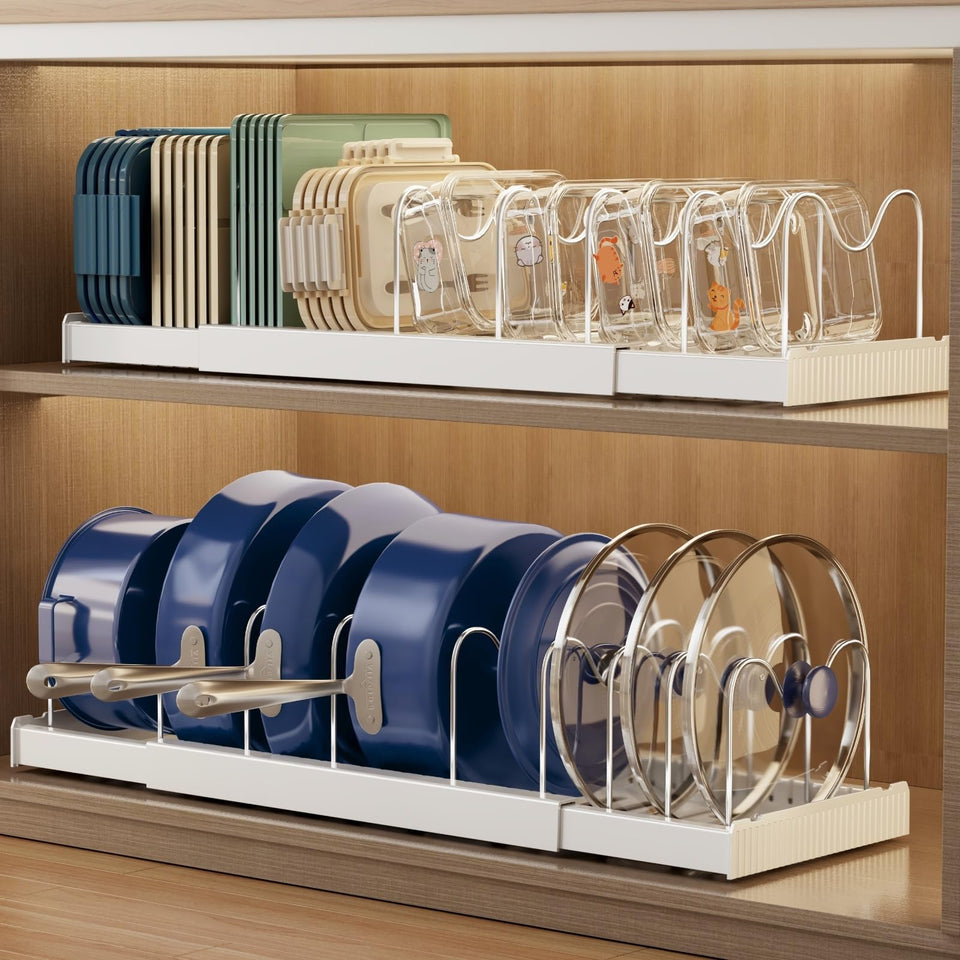 Magheo expandable pot and pan organizer demonstrates space-saving design for tight cabinets.