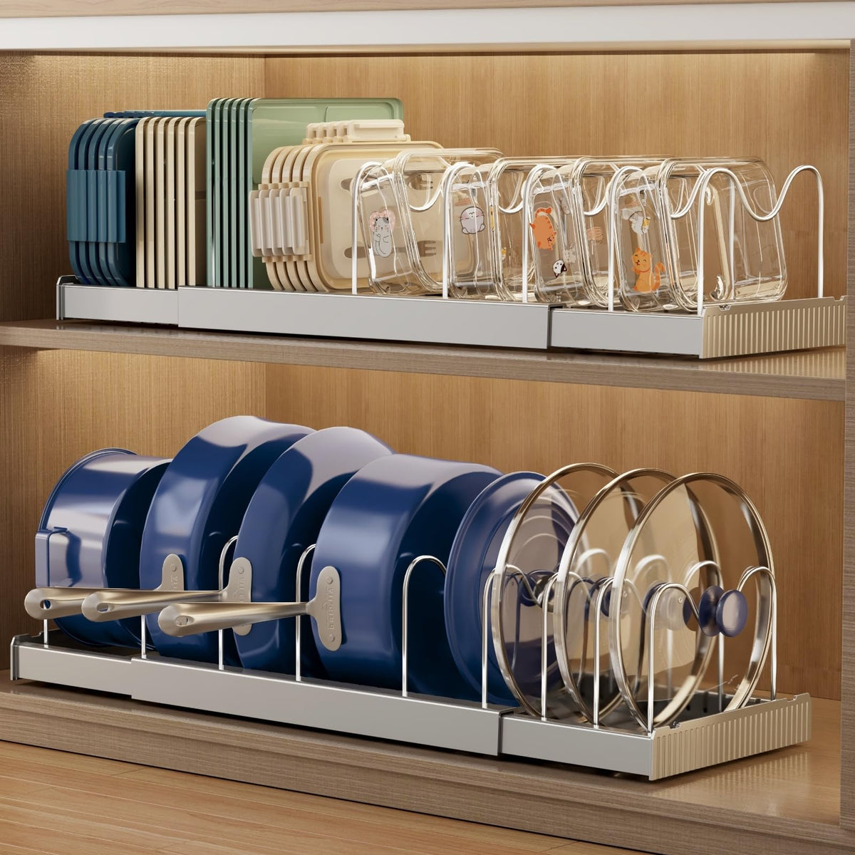 Magheo expandable organizer in cabinet maximizing space for pots and pans