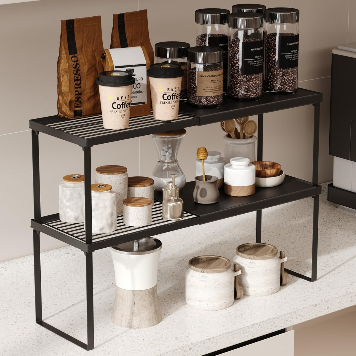 Magheo expandable shelf organizer demonstrates adjustable length for tight spaces.