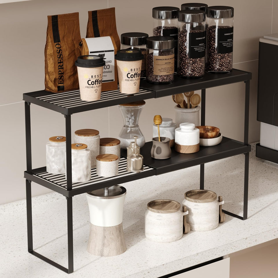 Magheo expandable shelf organizer demonstrates adjustable length for tight spaces.