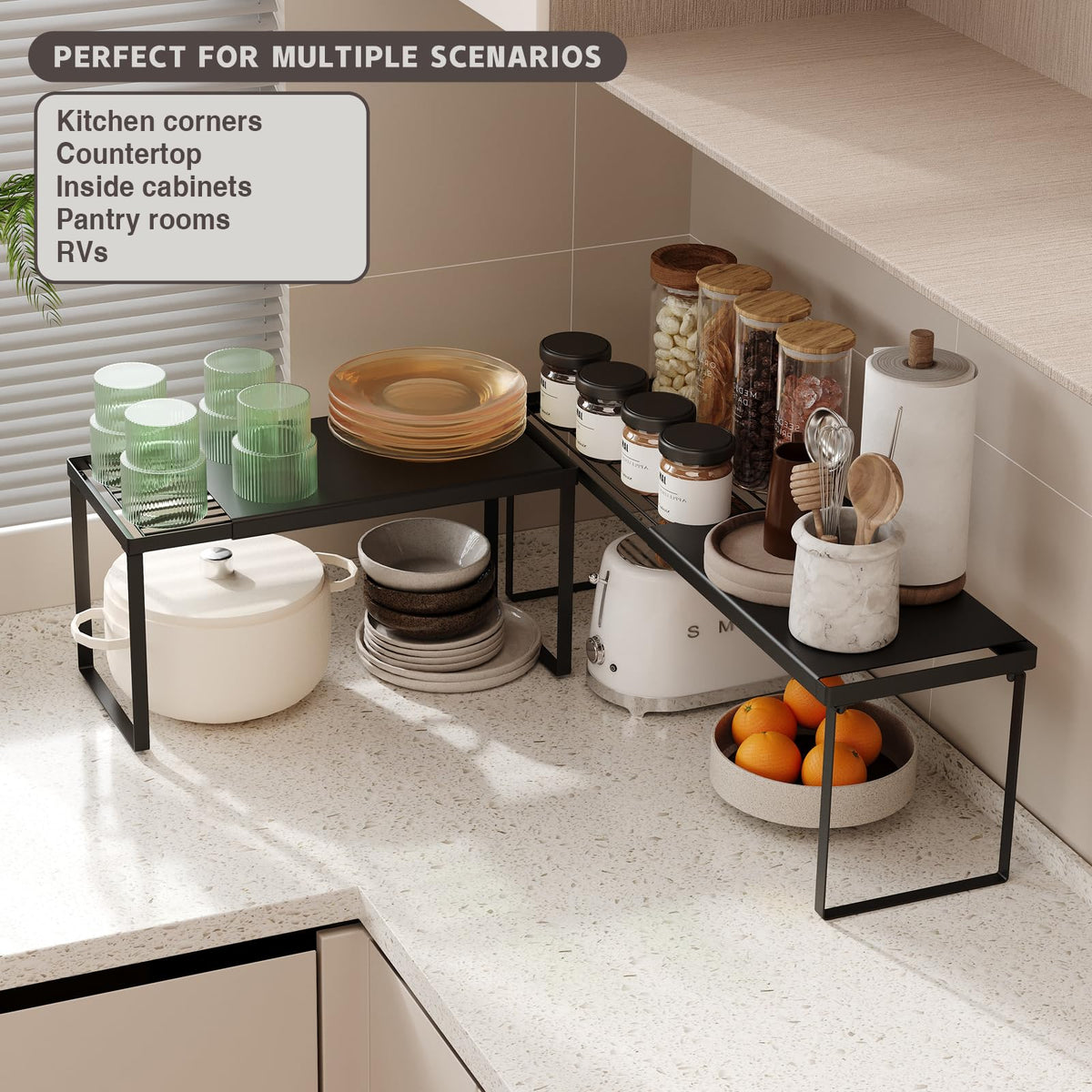 Magheo multi-scene storage demonstrates pantry, counter, and RV organization.