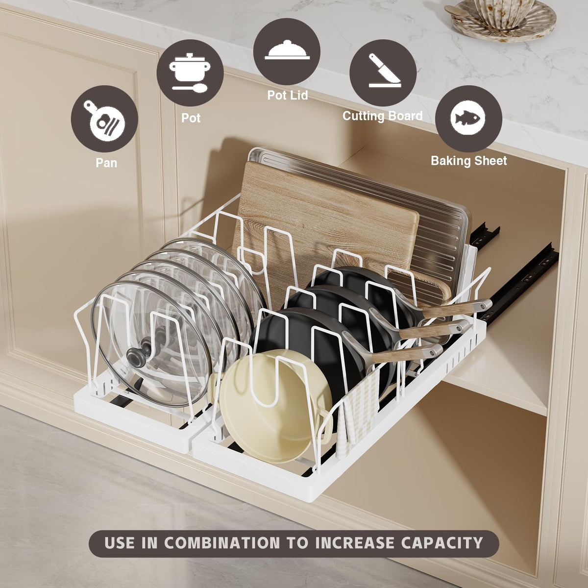 Magheo pull-out lid organizer with guardrails safely supporting pot handles