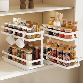 Magheo pull-out spice rack 2-tier white front view shows accessible storage for quick cooking