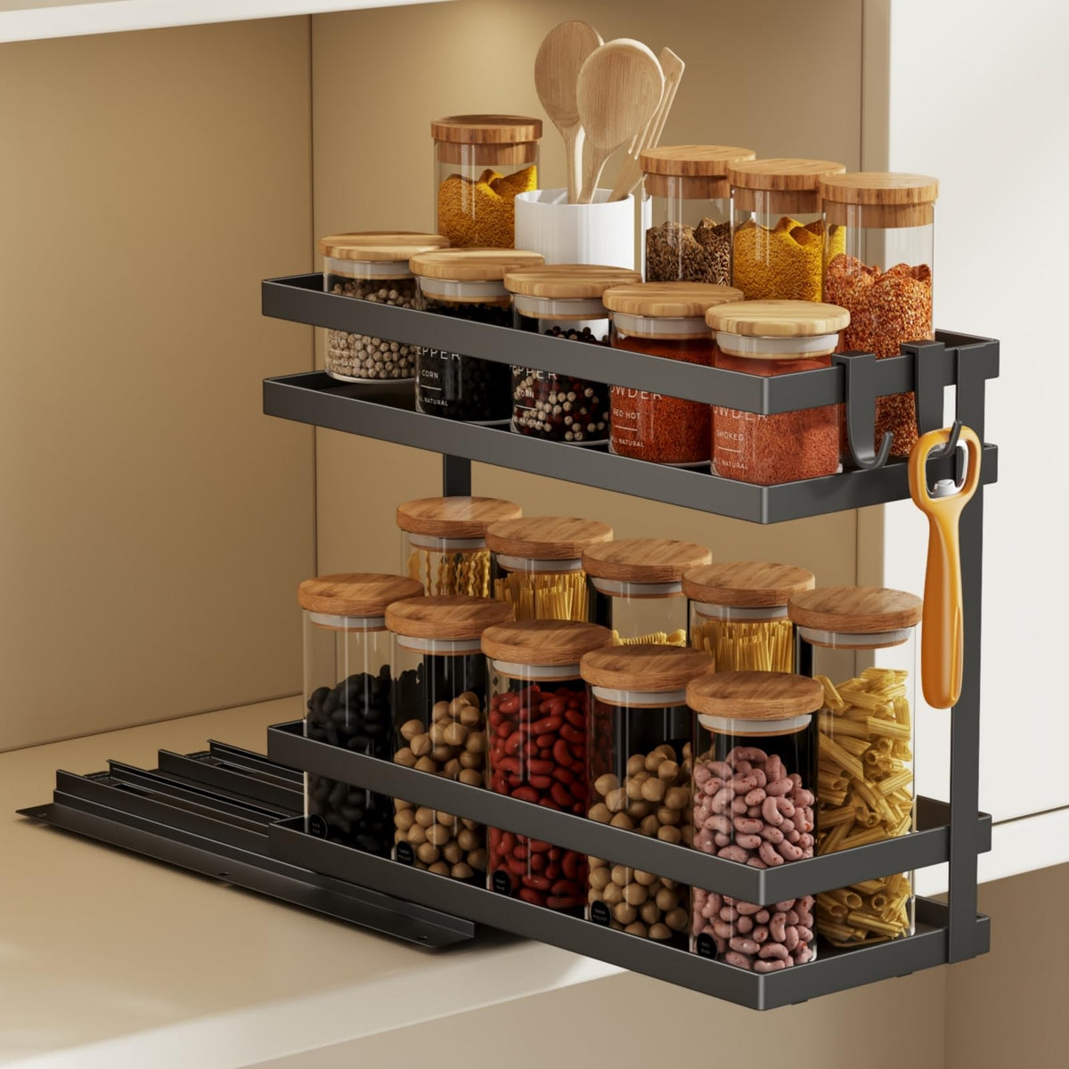 Magheo pull-out spice rack extended view for easy back-access to jars.