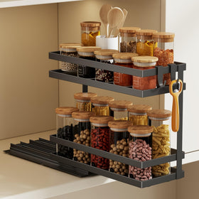 Magheo pull-out spice rack extended view for easy back-access to jars.