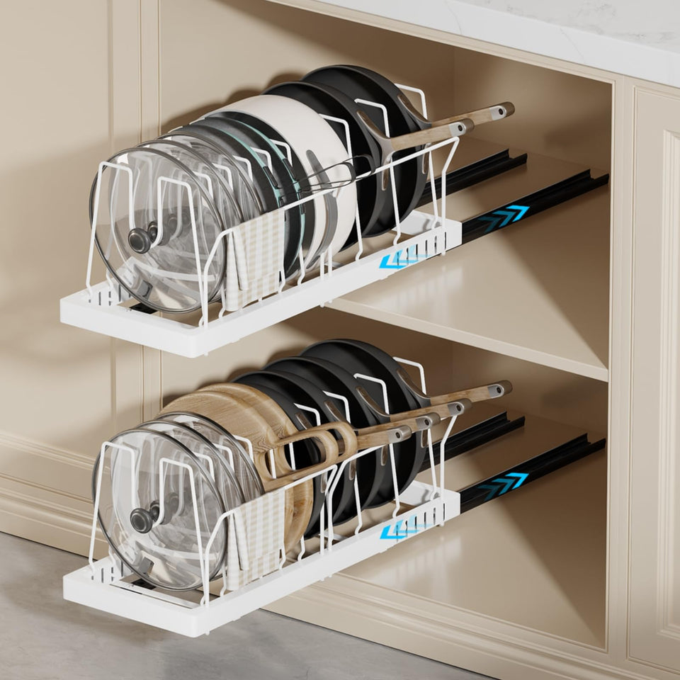 Magheo under-cabinet organizer showing extendable depth for flexible storage