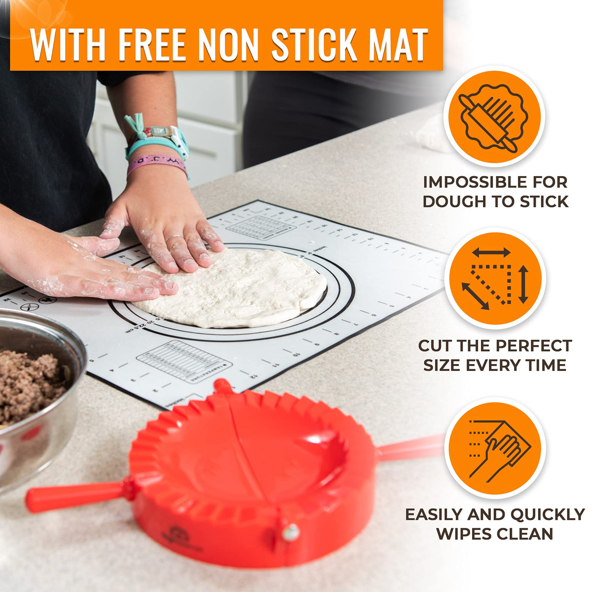 Magic Dumpling Maker Kit pastry mat offers a spacious prep surface with guides.