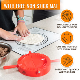 Magic Dumpling Maker Kit pastry mat offers a spacious prep surface with guides.