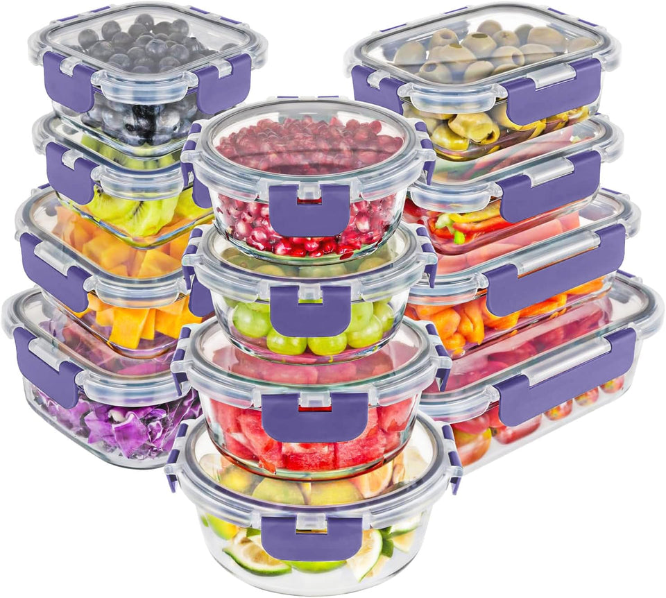 Magic Mill 24pc glass storage set with rectangle, square, and round containers for meal prep.