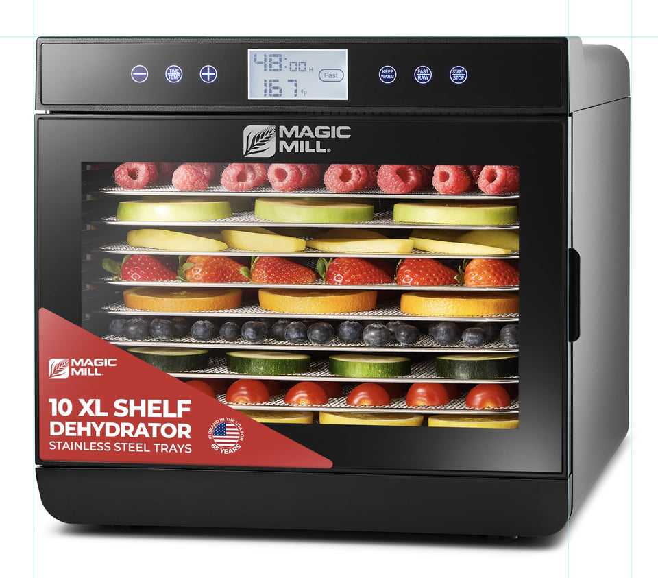 Magic Mill dehydrator front view with 10 XL trays ensuring even drying across all levels