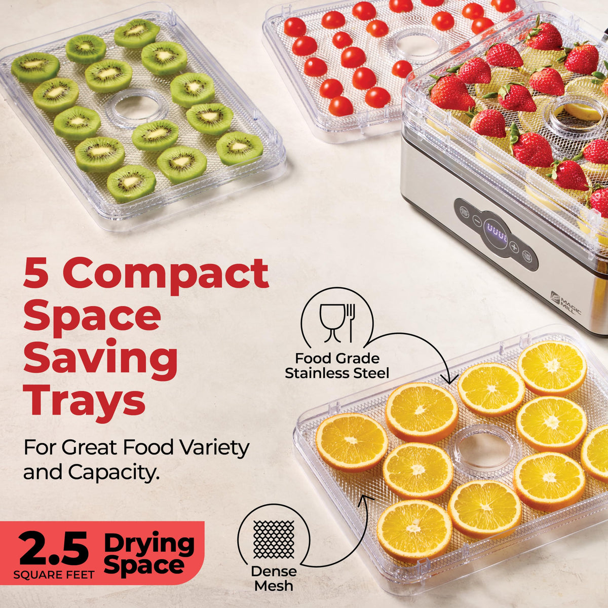 Magic Mill Dehydrator easy clean trays simplify post use cleanup