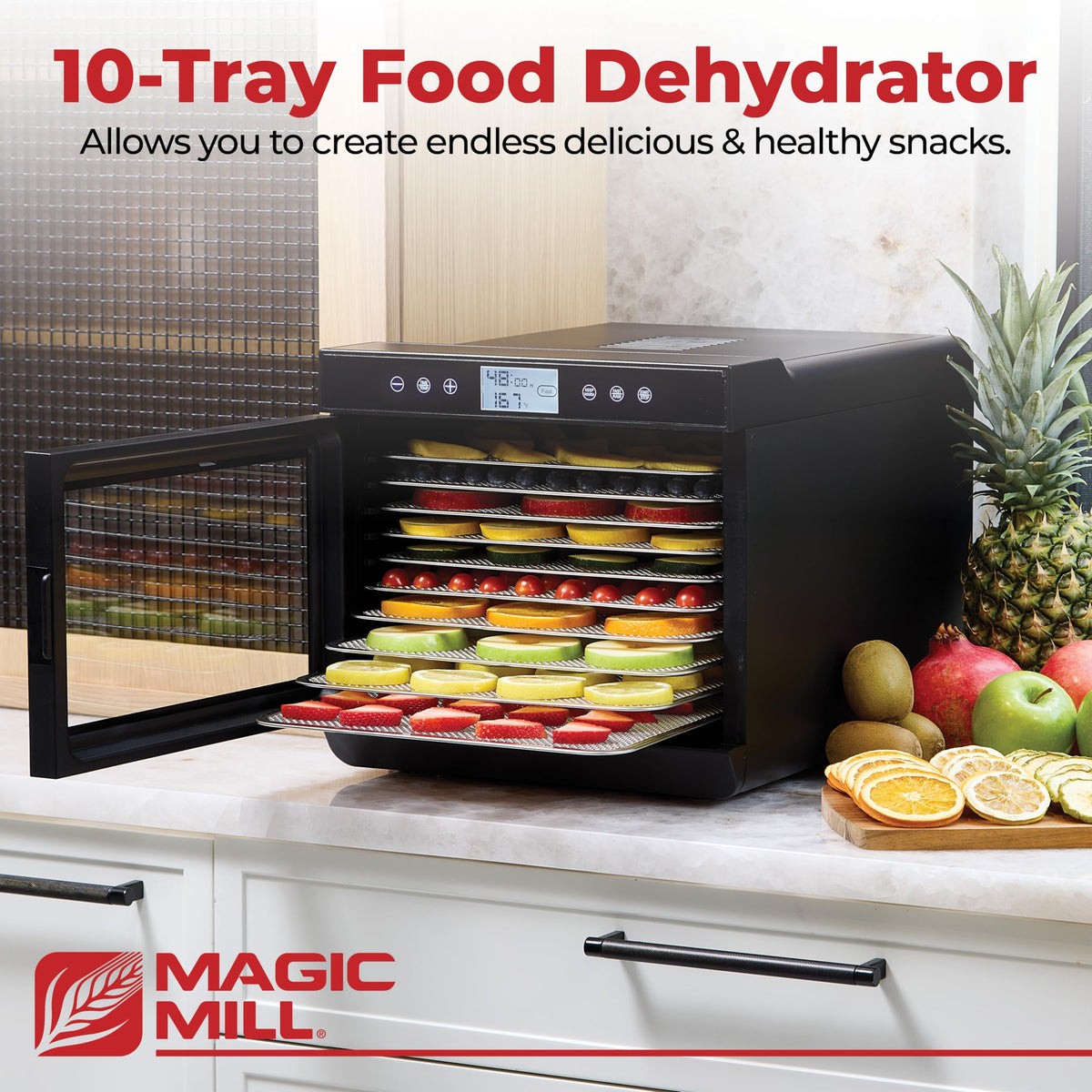 Magic Mill dehydrator rear-mounted fan ensuring consistent drying results