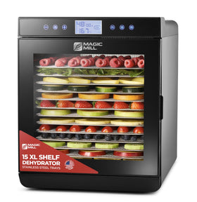 Magic Mill premium dehydrator front view with 15 XL trays for even drying
