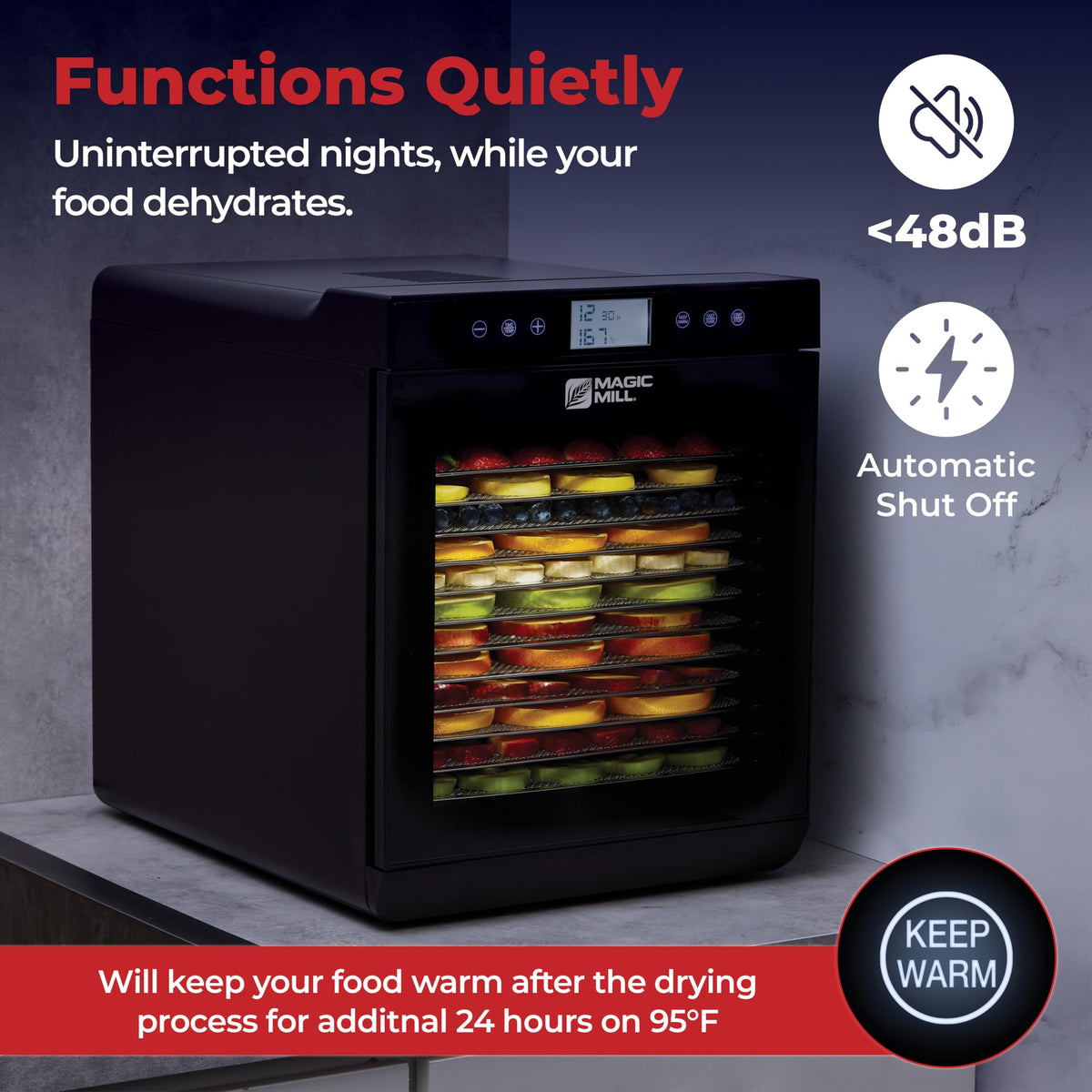 Magic Mill premium dehydrator whisper-quiet 800W operation in a home kitchen