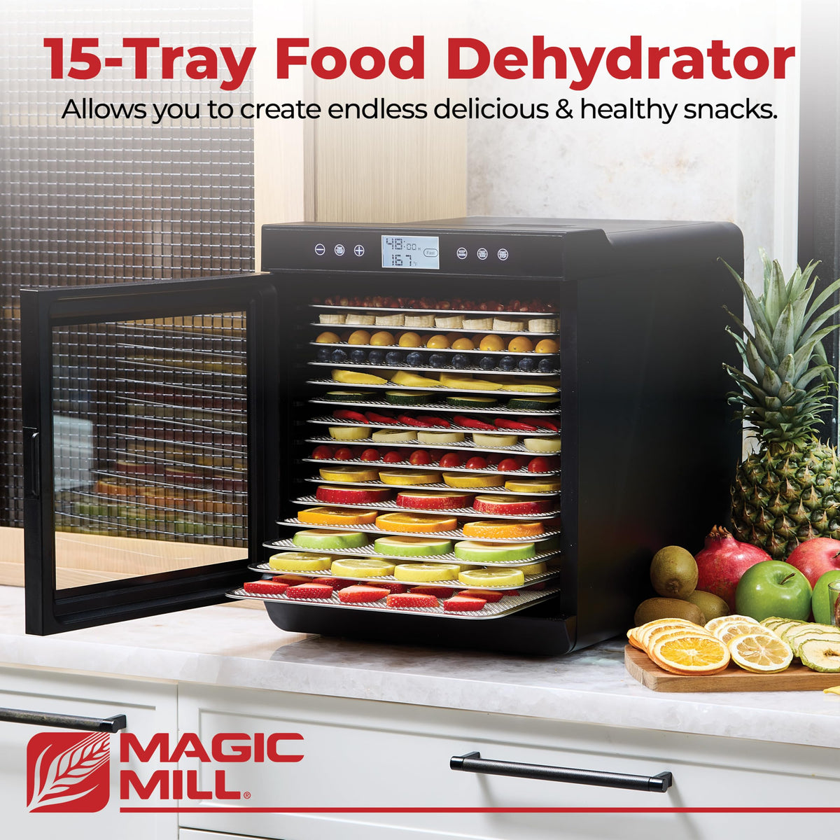 Magic Mill premium dehydrator rear view shows rear-mounted fan for consistent results